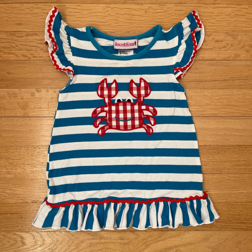 SMOCTIONS VGUC 100% Cotton Crab Embroidered Appliqué Ruffle Ricrac Dress